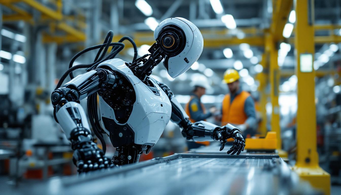 A photograph of a modern industrial robot in action within a manufacturing setting