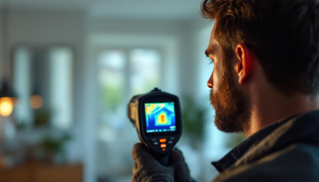 A photograph of a home inspector using a thermal camera in a residential setting