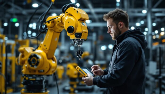 A photograph of a skilled embedded systems engineer working on an industrial robotic arm in a modern manufacturing environment