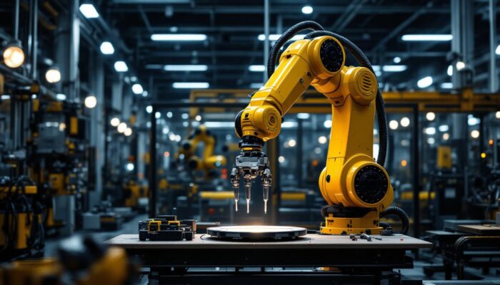 A photograph of a sleek industrial robotic arm in action within a modern manufacturing environment