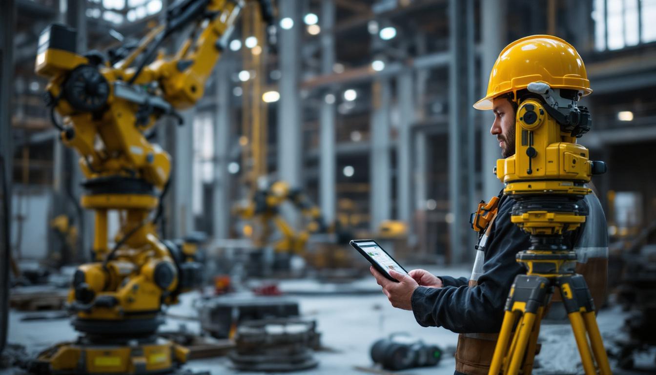 A photograph of a skilled technician using trimble field link software on a tablet in a construction site setting