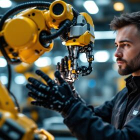 A photograph of a skilled technician conducting a thorough inspection of an industrial robotic arm in a modern manufacturing facility