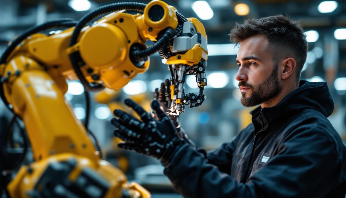 A photograph of a skilled technician conducting a thorough inspection of an industrial robotic arm in a modern manufacturing facility