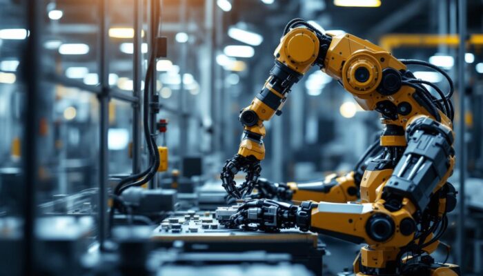 A photograph of a modern industrial robot in action on a manufacturing floor