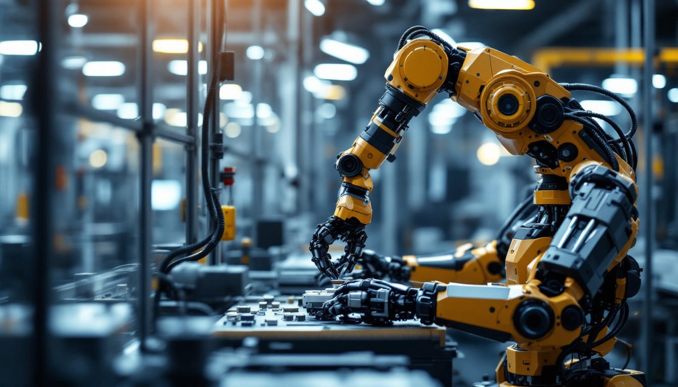 A photograph of a modern industrial robot in action on a manufacturing floor