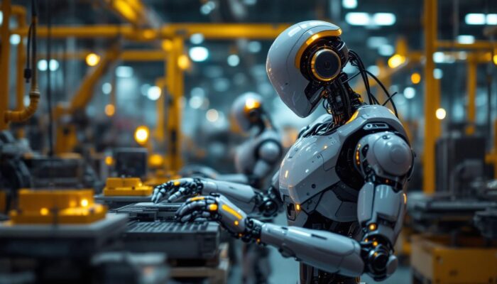 A photograph of a sleek industrial robot in action within a manufacturing environment