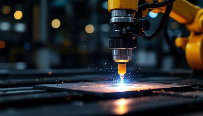 A photograph of a high-tech industrial robotic arm in action