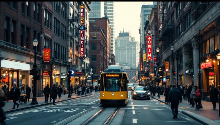 A photograph of a bustling boston street scene featuring a blend of urban life and public transportation options