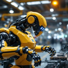 A photograph of a sophisticated industrial robot in action on a factory floor