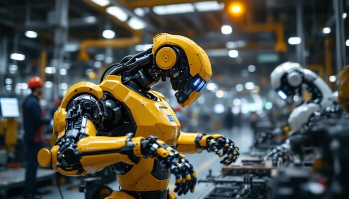 A photograph of a sophisticated industrial robot in action on a factory floor