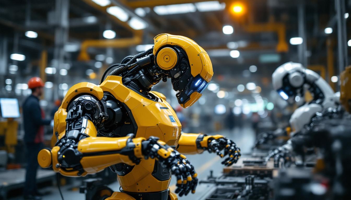 A photograph of a sophisticated industrial robot in action on a factory floor