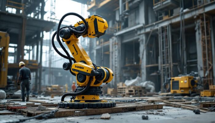 A photograph of a trimble industrial robot in action on a construction site