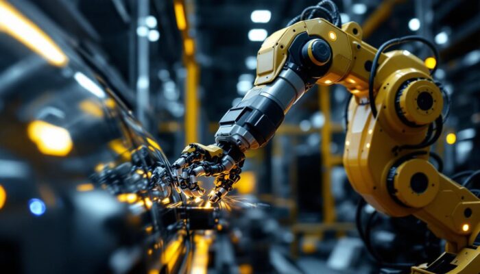 A photograph of a sleek industrial robotic arm in action