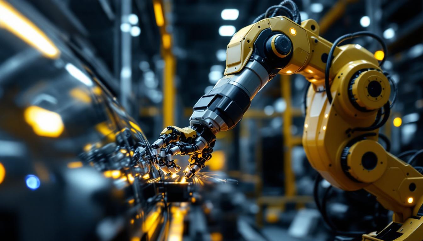 A photograph of a sleek industrial robotic arm in action