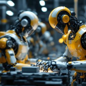 A photograph of a sleek industrial robot in action within a factory setting