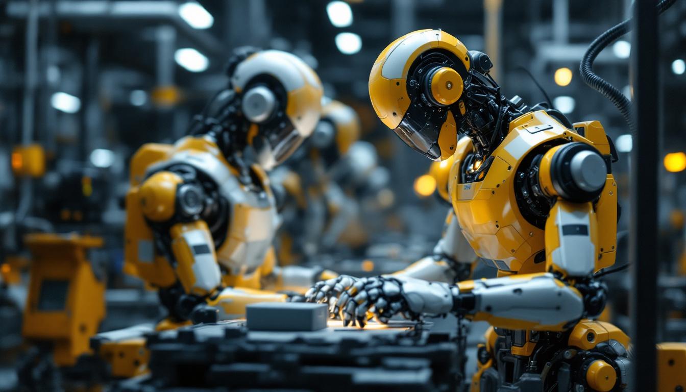 A photograph of a sleek industrial robot in action within a factory setting