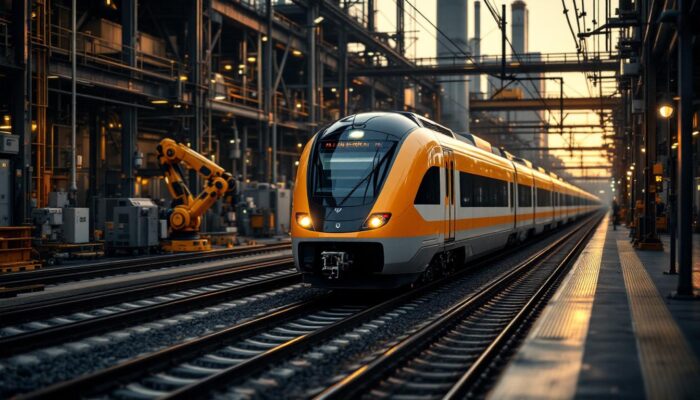A photograph of a sleek train traveling between billerica and boston