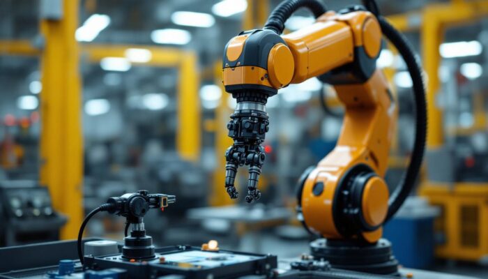 A photograph of a sleek industrial robotic arm in action