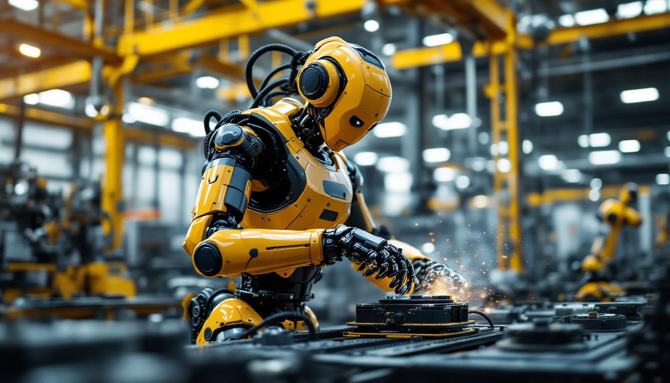 A photograph of a dynamic industrial robot in action within a manufacturing setting