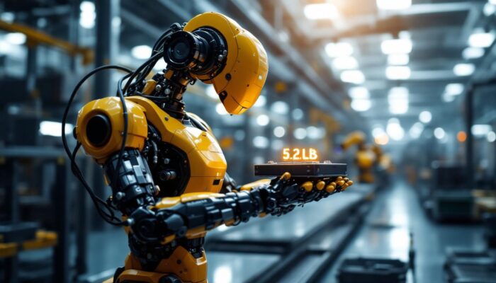 A photograph of a sleek industrial robot in action