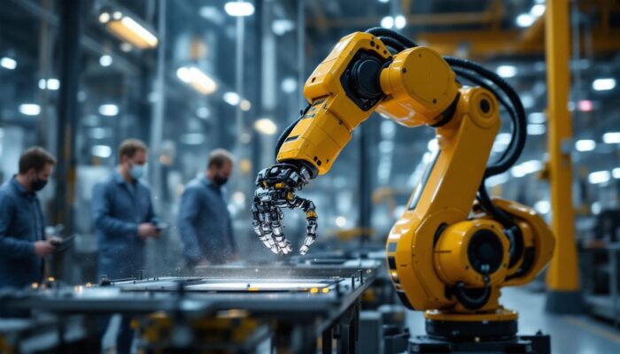 A photograph of a high-tech industrial robot in action within a manufacturing environment