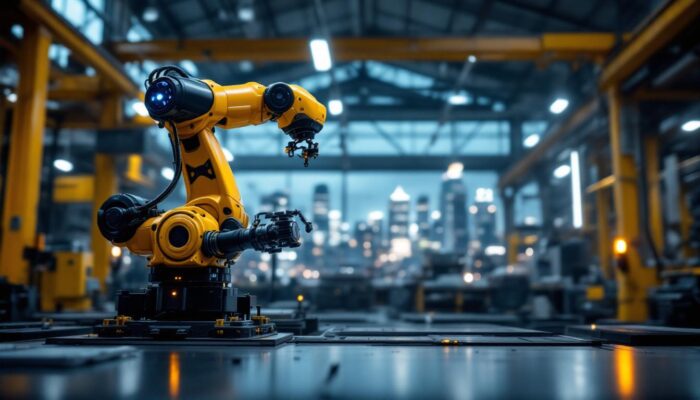 A photograph of a dynamic industrial robot in action within a boston-based manufacturing facility