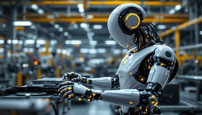 A photograph of a sleek industrial robot in action within a modern manufacturing environment