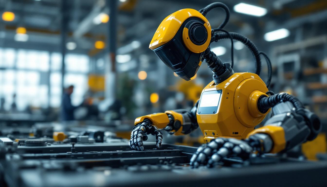 A photograph of a small industrial robot in action on a factory floor