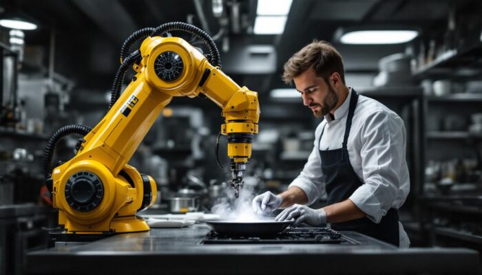 A photograph of a michelin guide inspector examining a high-tech industrial robotic arm in a modern restaurant kitchen