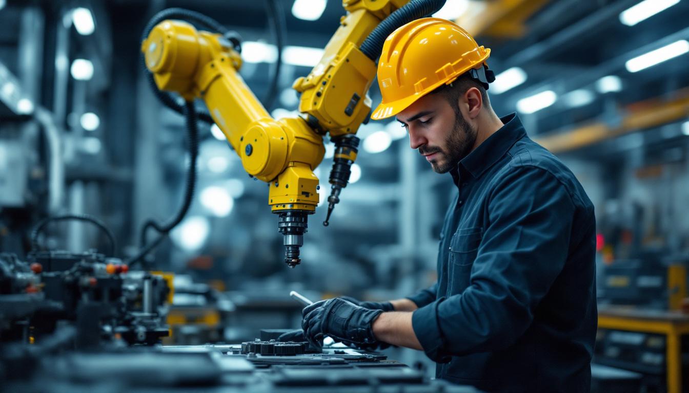 A photograph of a skilled machinist operating an industrial robotic arm in a modern workshop setting