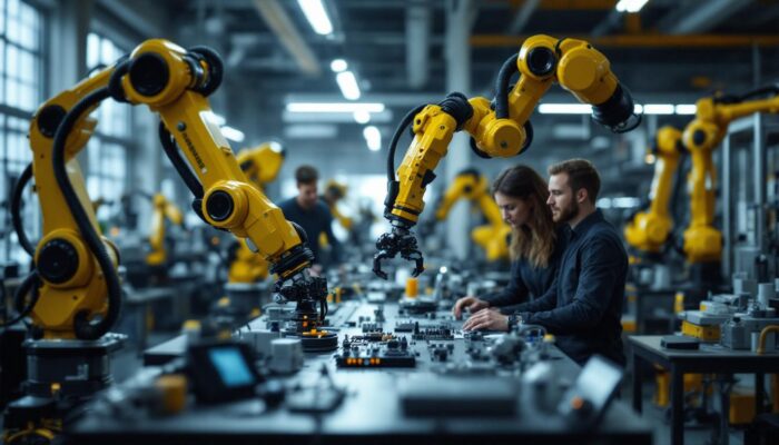 A photograph of capture a photograph of a dynamic industrial robotics workspace at virginia tech