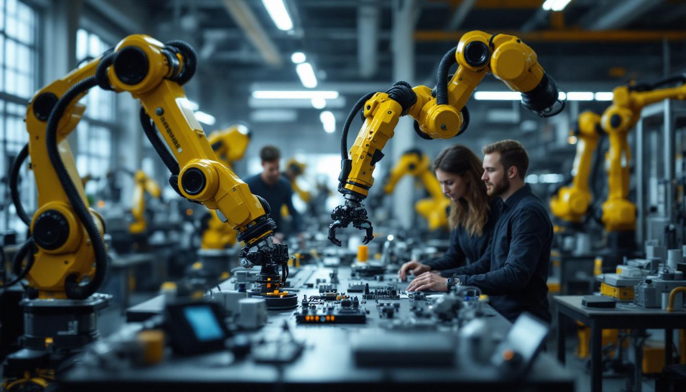 A photograph of capture a photograph of a dynamic industrial robotics workspace at virginia tech