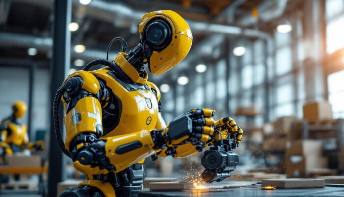 A photograph of a sleek industrial robot in action within a modern warehouse setting