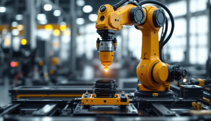 A photograph of a sleek industrial robotic arm in action