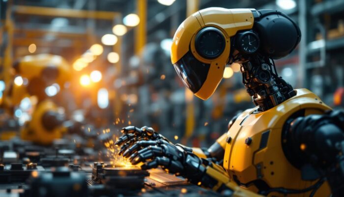 A photograph of a dynamic scene featuring an industrial robot in action within a manufacturing environment