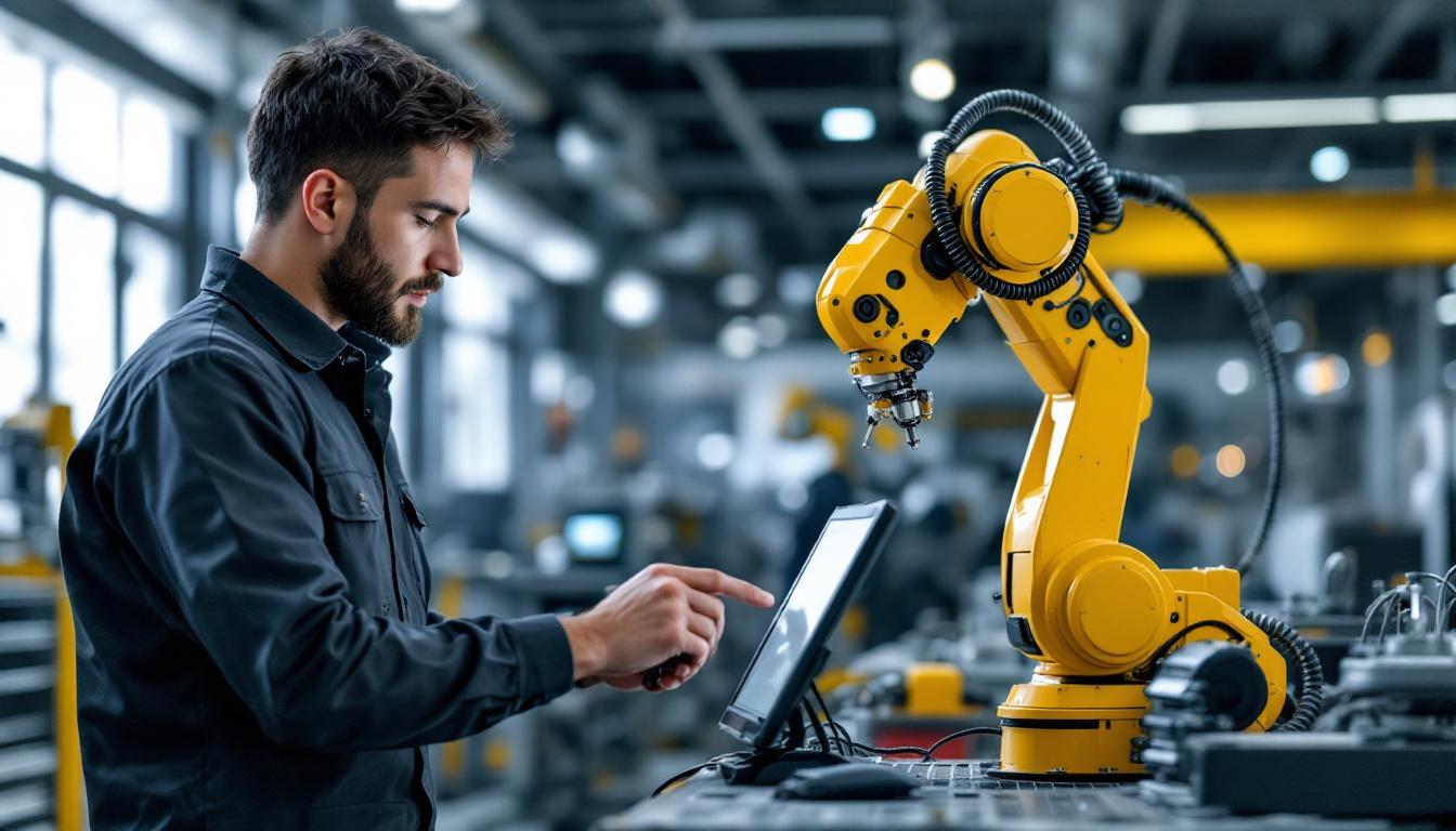 A photograph of a skilled engineer programming or interacting with an industrial robot in a modern manufacturing setting