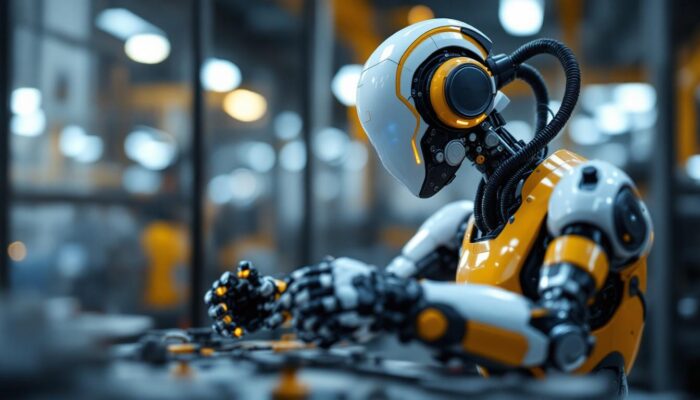 A photograph of a sleek industrial robot in action within a manufacturing setting