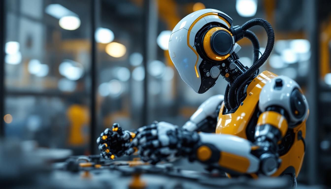 A photograph of a sleek industrial robot in action within a manufacturing setting