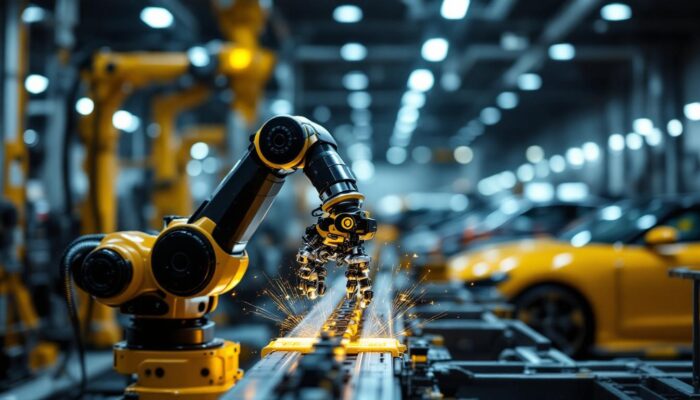 A photograph of a sleek industrial robotic arm in action
