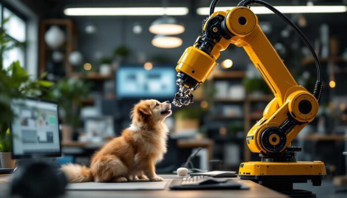 A photograph of a sleek industrial robotic arm interacting with a playful dog in a modern workspace