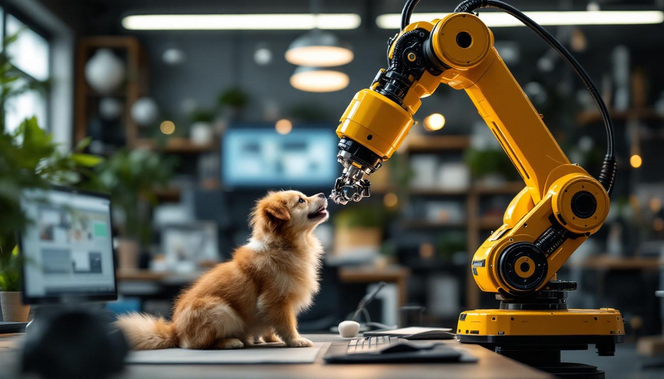 A photograph of a sleek industrial robotic arm interacting with a playful dog in a modern workspace