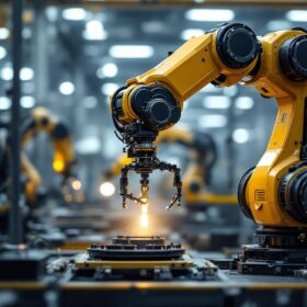 A photograph of a sleek industrial robotic arm in action