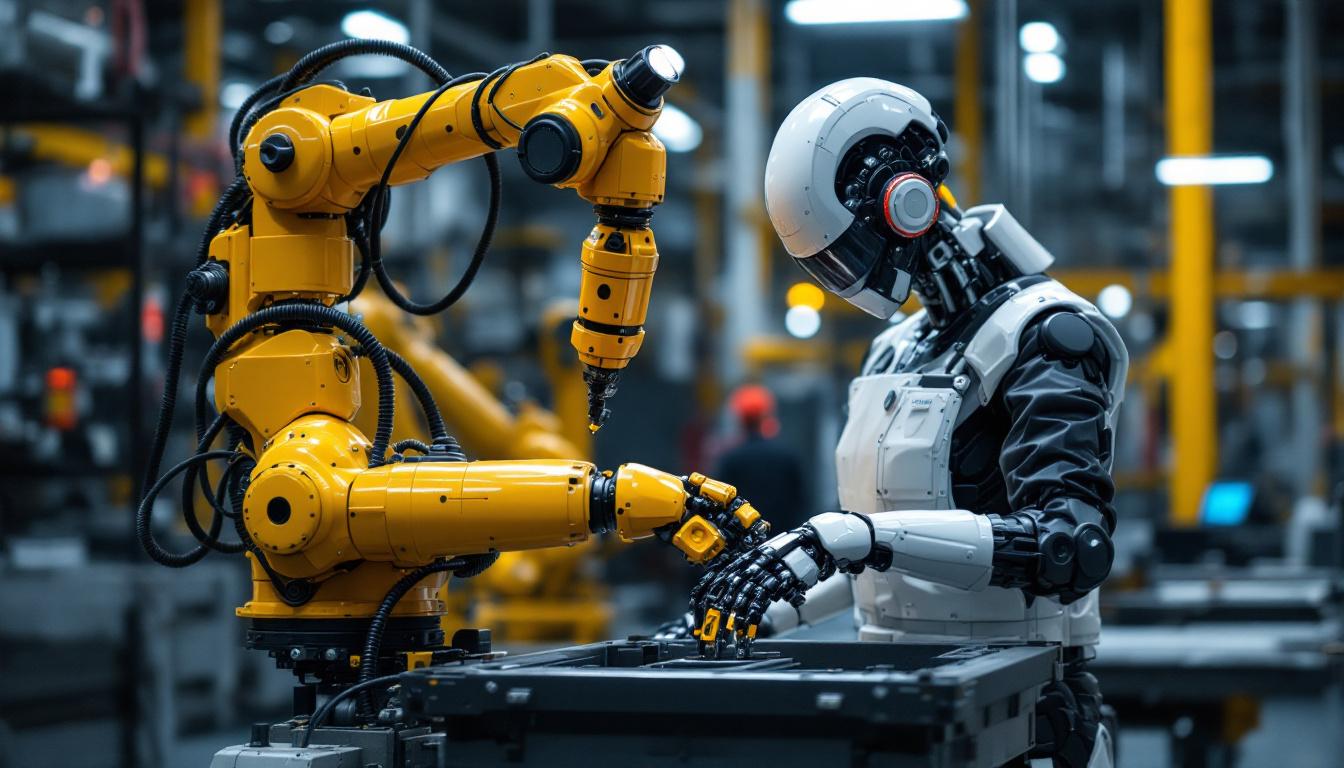 A photograph of a modern industrial robot in action within a manufacturing environment