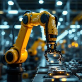A photograph of a sleek industrial robotic arm in action within a modern manufacturing environment