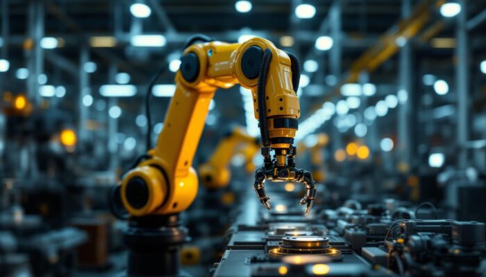 A photograph of a sleek industrial robotic arm in action within a modern manufacturing environment