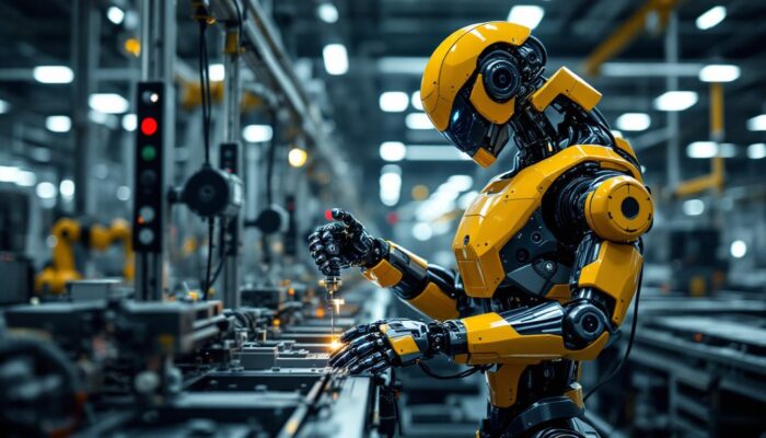 A photograph of a sleek industrial robot in action on a factory floor