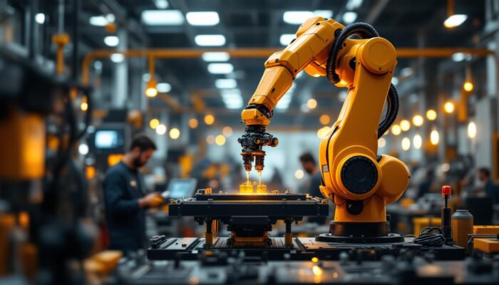 A photograph of a sleek industrial robotic arm in action within a modern manufacturing environment