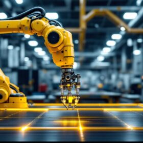 A photograph of capture a photograph of an industrial robot in action within a modern manufacturing facility