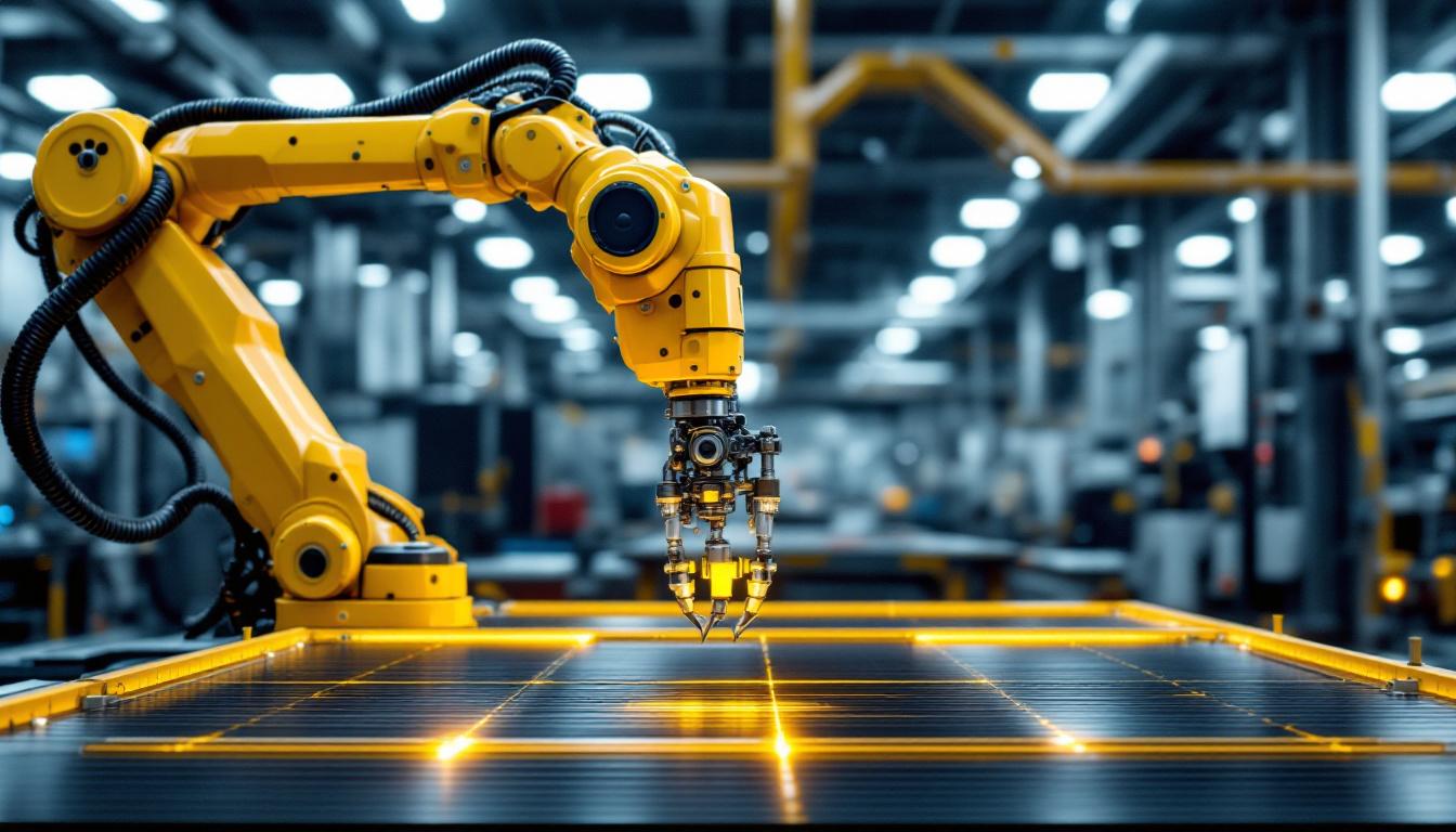 A photograph of capture a photograph of an industrial robot in action within a modern manufacturing facility