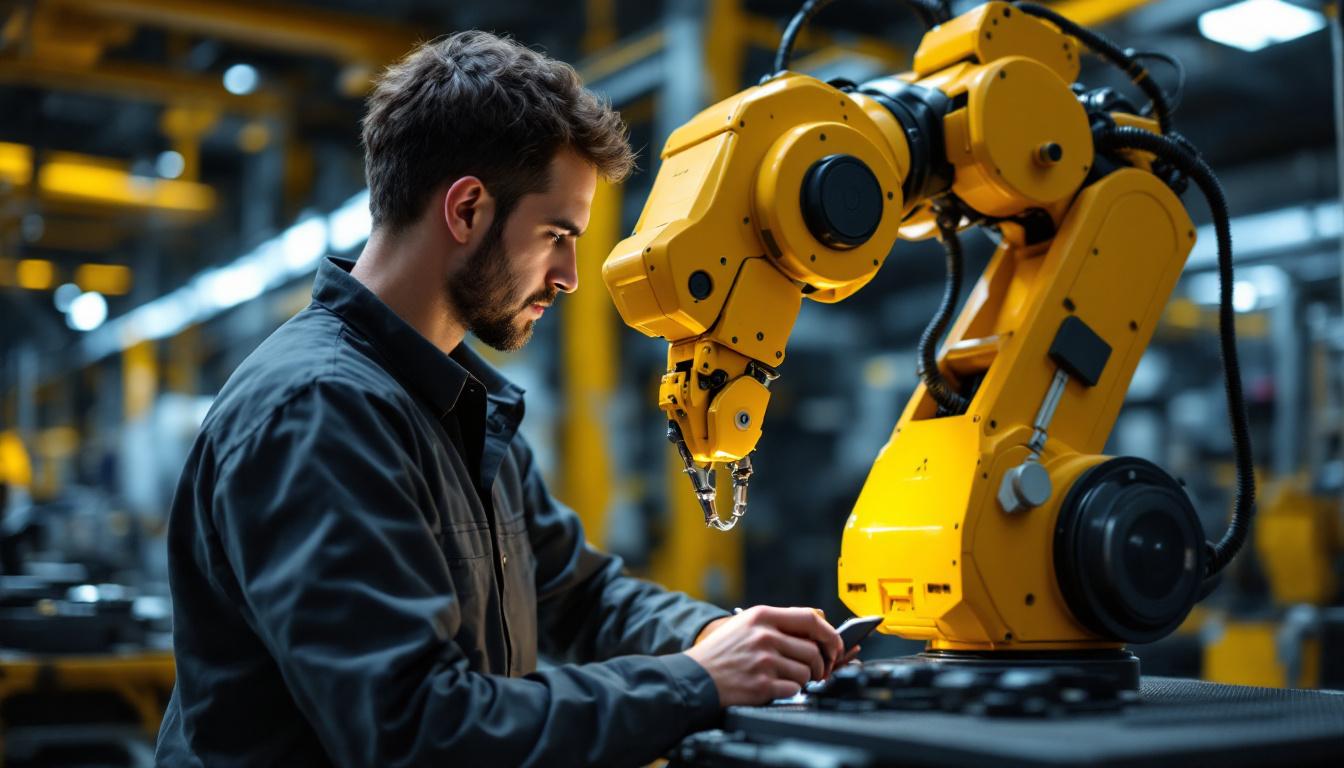 A photograph of a skilled technician programming or operating an industrial robot in a modern manufacturing setting